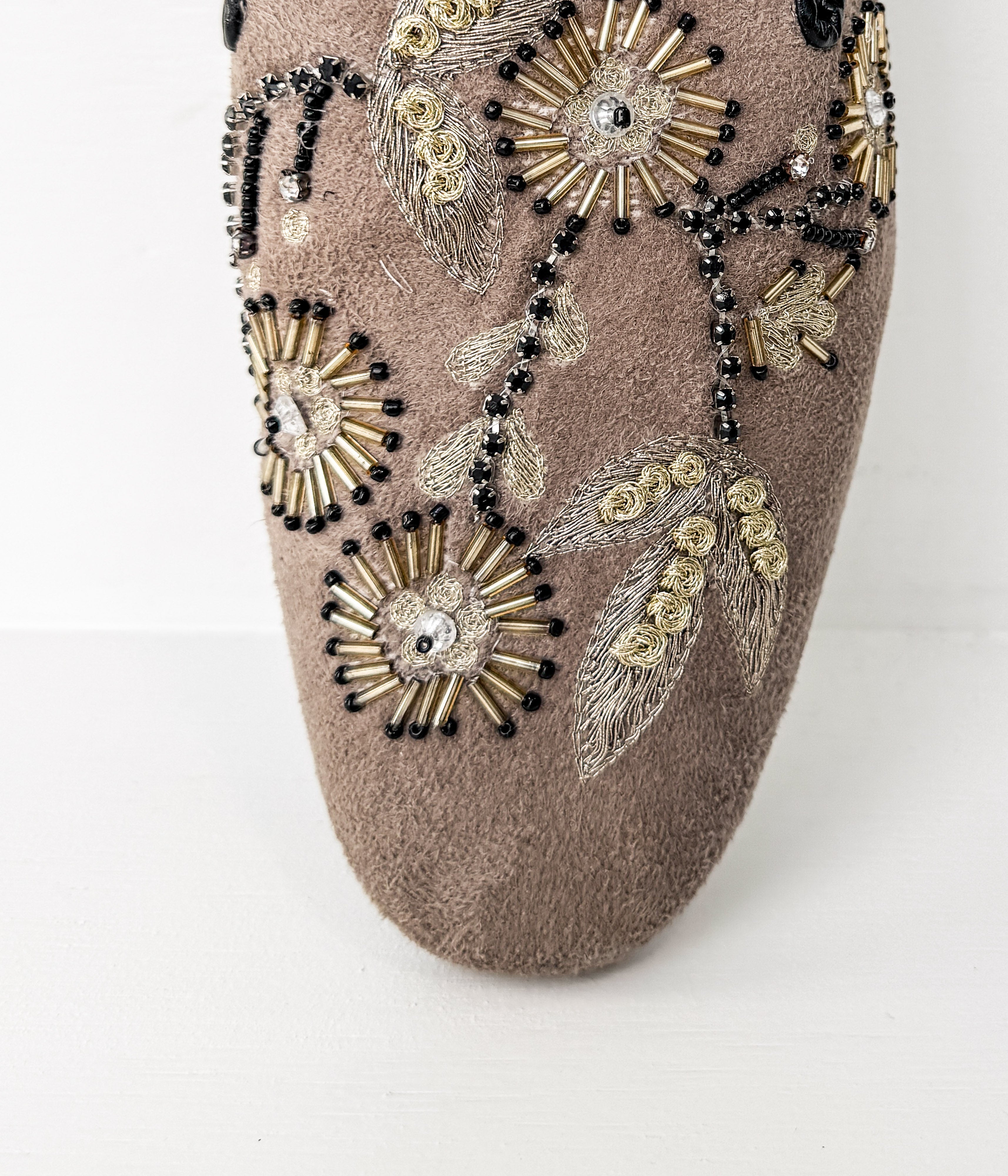 Floral Island Taupe Suede Mules With Embroidered Detail Naughty Monkey